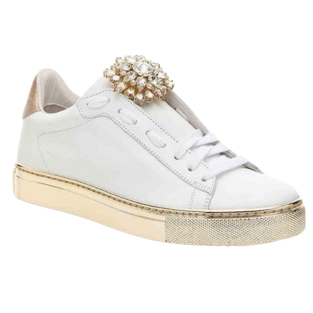Stokton Italy Vitello White Metallic Gold Rhinestone Low Top Sneakers - 6.5